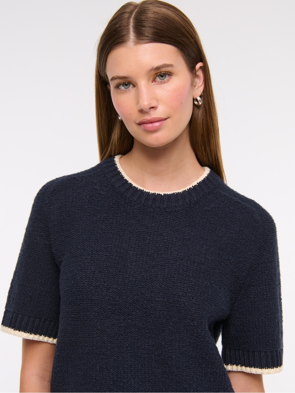 Abercrombie & Fitch Madeline Textural Crew Sweater Top in cream with navy trim - Picture 2 of 5